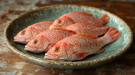 Fototapete - Freshly prepared sunfish neatly arranged on a rustic ceramic plate ready for culinary preparation and cooking in a kitchen setting