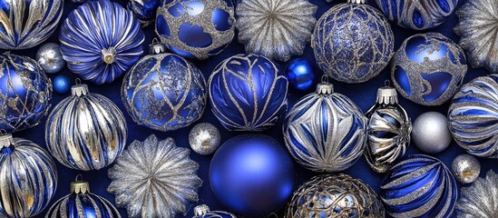 Poster - Elegant seamless pattern of blue and silver Christmas ornaments in a disordered arrangement from an aerial perspective for festive designs and themes.
