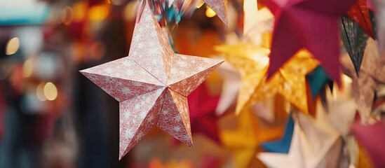 Aufkleber - Colorful paper stars hanging at a market stall illuminated for winter holidays with shallow depth of field and empty space for text.