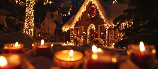 Poster - Festive Christmas cottage illuminated with candles and holiday decorations creating a warm winter ambiance for the New Year celebration