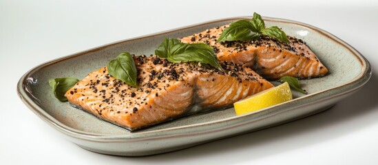 Aufkleber - Roasted salmon fillets garnished with pepper and lemon on a basil leaf served on a ceramic plate against a clean white background