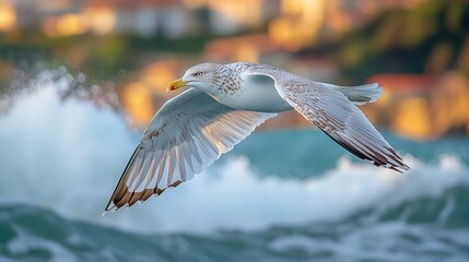 Poster - Seagull soaring over ocean waves with a blurred coastal background and soft golden light creating a serene coastal atmosphere