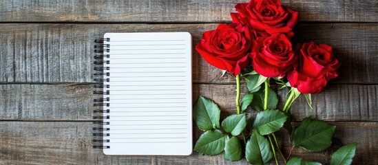 Aufkleber - Red roses and an empty notebook on rustic wooden background symbolizing love and romantic messages for creative writing or heartfelt notes