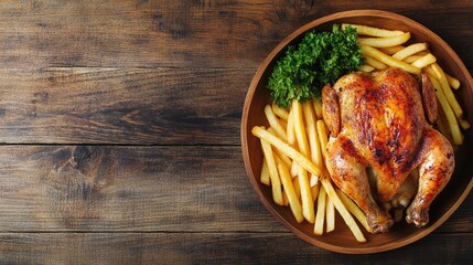 Aufkleber - Whole Grilled Chicken Served with Crispy French Fries and Fresh Parsley on a Rustic Wooden Table