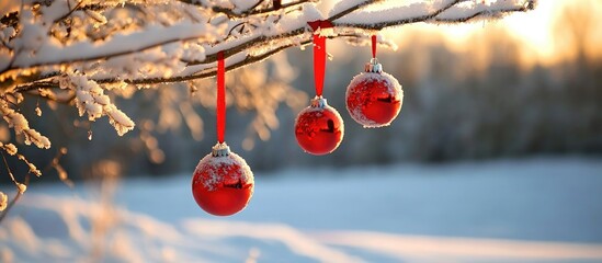 Poster - Red decorative balls on snowy tree branches adorned with ribbons creating a festive winter atmosphere during the holiday season.