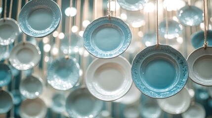 Poster - Bright decorative plates suspended on ropes creating an artistic hanging display with a soft illuminated background