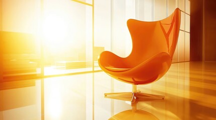 Poster - Bright orange chair in contemporary living room with soft sunlight filtering through large windows creating a warm and inviting atmosphere