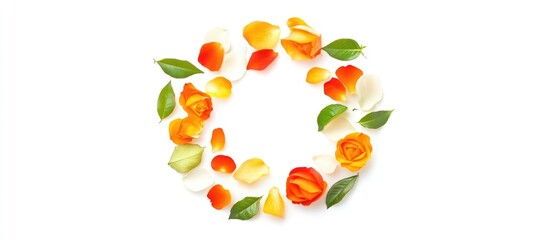 Poster - Round floral wreath with orange roses and petals on white background top view flat lay design for invitations or seasonal decor