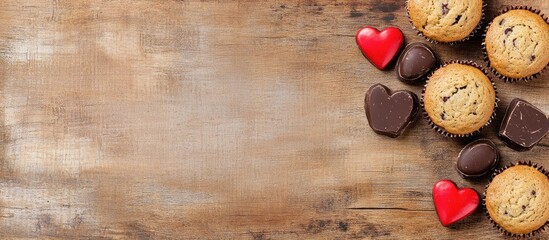 Poster - Rustic greeting card design showcasing chocolate muffins and red heart-shaped sweets on a wooden background for festive occasions.