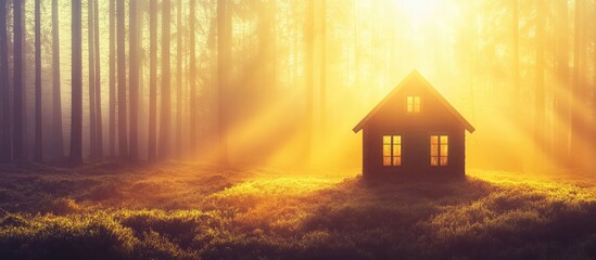 Poster - Mysterious silhouette of a house in a foggy forest with sun rays creating an enchanting and serene morning atmosphere