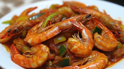 Poster - Delicious shrimp stir-fry with fresh vegetables in a savory sauce served on a white plate for a vibrant culinary presentation