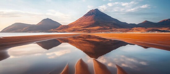 Aufkleber - Scenic view of a tranquil sandy beach with mountains reflecting on calm water under a clear sky at sunset