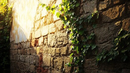 Poster - Ancient stone fortress wall with ivy creeping along the surface illuminated by warm sunlight in a serene outdoor setting
