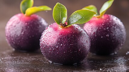 Aufkleber - Fresh ripe mangosteen fruits with water droplets and green leaves on a dark surface showcasing their vibrant color and natural beauty.