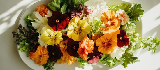 Poster - Colorful salad with edible flowers elegantly arranged on a white tablecloth showcasing fresh ingredients and vibrant colors.