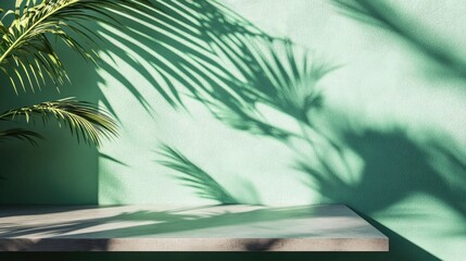 Poster - Minimalistic podium with tropical palm leaf shadows on a pastel green wall ideal for cosmetic product presentations and branding concepts