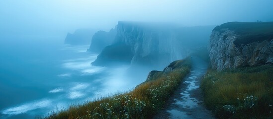 Poster - Misty coastal cliffs from a lighthouse perspective showcasing serene ocean views and dramatic landscapes in soft blue hues