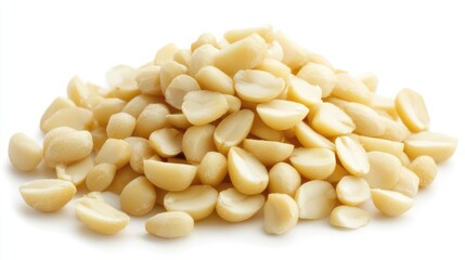 Poster - Raw peeled peanuts arranged in a pile on a clean white background ideal for healthy food or snack product presentations.