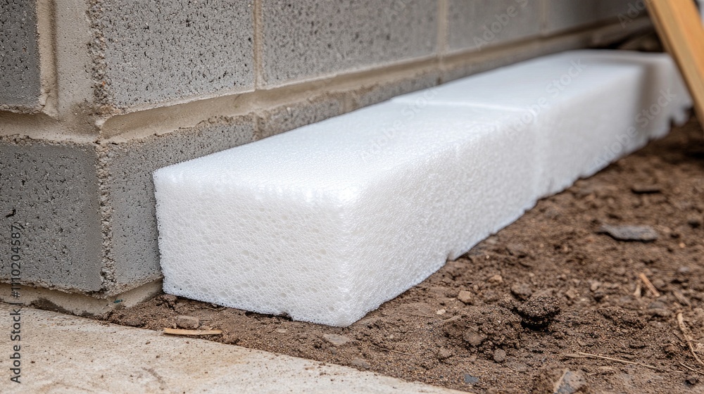 Polystyrene foam insulation installed on an aerated concrete block wall ...