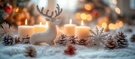 Poster - Cozy Scandinavian hygge Christmas decorations featuring a reindeer candles and snowflakes in a warm winter home setting