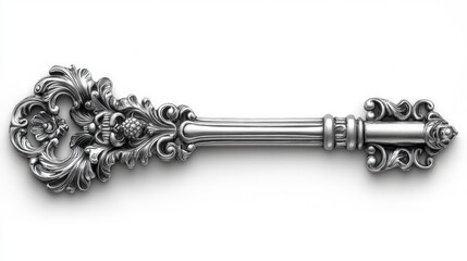 Poster - Ornate Silver Skeleton Key with Intricate Design Isolated on a Clean White Background for Vintage and Decorative Themes