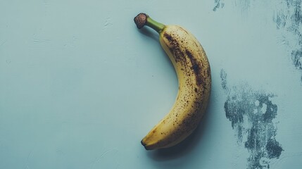 Aufkleber - Ripe banana with brown spots on a textured blue background for healthy food and nutrition concepts