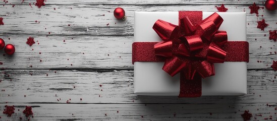 Aufkleber - Elegant gift box with a large red bow surrounded by decorative ornaments on a rustic wooden background for holiday celebrations