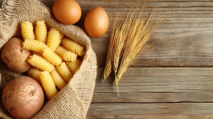Poster - Gnocchi ingredients with potatoes eggs and wheat on wooden background rustic cooking preparation concept