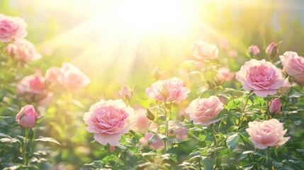 Leinwandbilder - Sunlit Pink Roses in Bloom with Radiant Background and Soft Bokeh Effect for Nature and Floral Themes
