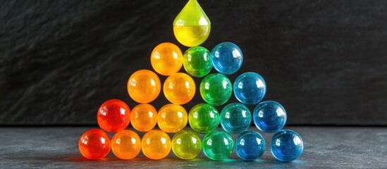 Poster - Colorful pyramid structure created with vibrant glass balls in a gradient arrangement showcasing creativity and visual appeal.