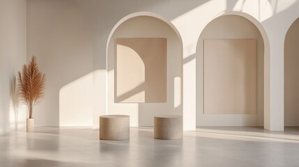 Poster - Minimalist interior with cement placards and natural light creating a serene atmosphere in a modern architectural space