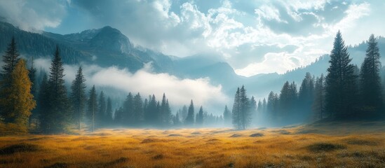Poster - Serene National Park Landscape with Lush Forests and Foggy Mountains Under Dramatic Sky at Dawn