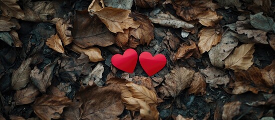 Aufkleber - Red paper hearts resting on a bed of dry autumn leaves creating a romantic and seasonal atmosphere in nature