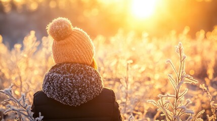 Aufkleber - Romantic girl in winter landscape mesmerizing sunset golden hour with frosty grass and warm sunlight illuminating the serene scene