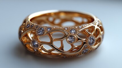 Poster - Elegant gold ring with intricate lattice design and sparkling diamonds, showcasing luxury and craftsmanship in jewelry design.