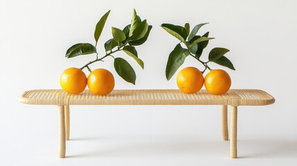Aufkleber - Ripe tangerines arranged on a minimalist wicker stand with green leaves against a clean white background for fresh fruit presentation.