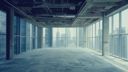 Poster - Modern minimalist empty office space post-renovation showcasing large windows with city skyline views and no furnishings or equipment