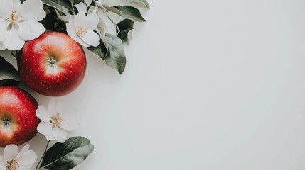 Leinwandbilder - Close up of ripe red apples surrounded by white blossoms and green leaves on a light background showcasing fresh fruit and nature.