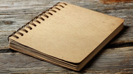 Poster - Blank spiral notepad on rustic wooden table ready for writing notes or ideas with ample space for creative concept or design template