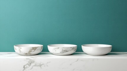 Poster - Minimalist white round podiums for presentations and cosmetics set against a blue wall and marble background for natural beauty displays.