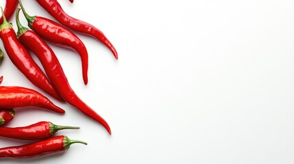 Poster - Red hot chili peppers arranged on a white background with ample empty space for text or design elements overhead view flat lay arrangement