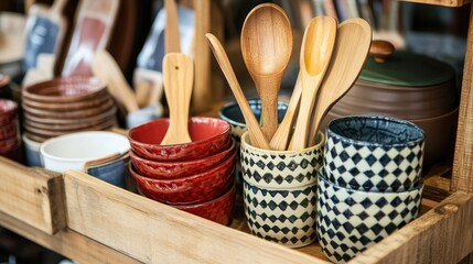 Poster - Stylish kitchenware collection displayed on shelves featuring bowls and wooden utensils for a modern culinary aesthetic