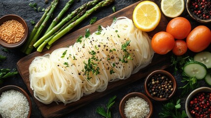 Aufkleber - Fresh rice noodles served with vibrant asparagus, assorted vegetables, lemon, and spices on a rustic wooden board.