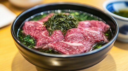 Poster - Raw dry aged beef with seaweed and herbs in traditional Japanese soup styled presentation for modern cuisine