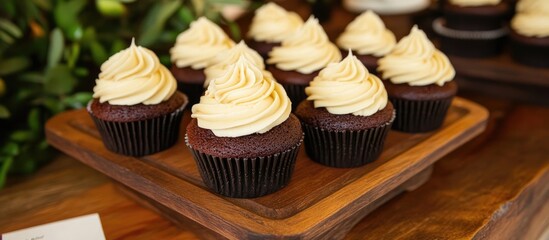 Poster - Elegant rustic cupcakes with creamy frosting displayed on a wooden platter at a charming wedding reception setting.