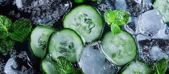 Poster - Refreshing cucumber slices with mint and ice in a revitalizing cocktail background for summer drinks and wellness promotions