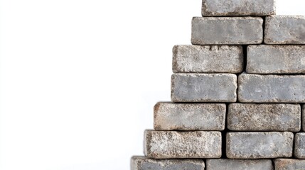 Poster - Close up of stacked weathered building bricks against a white background showcasing construction materials and architectural design elements
