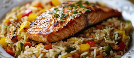 Poster - Pan-Seared Salmon Served Over Colorful Stir-Fried Vegetable Rice garnished with Fresh Herbs