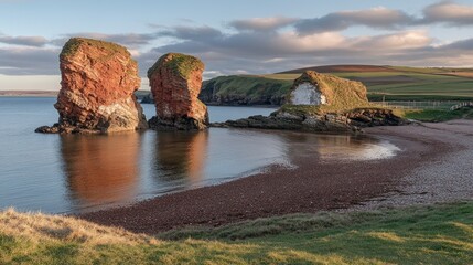 Aufkleber - Red sandstone sea cliffs reflecting in calm water at dawn with scenic coastal landscape in the background