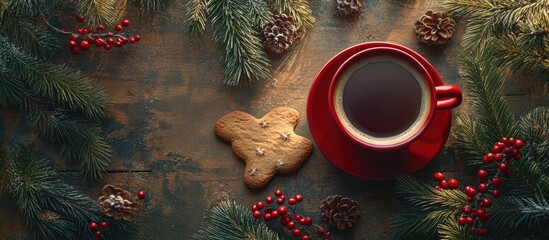 Poster - Rustic winter breakfast scene with red coffee cup gingerbread and spruce branches adorned with red berries in aerial view composition